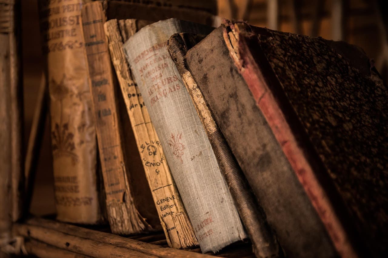 Libros antiguos en una biblioteca, en la sala de chat de Filosofía