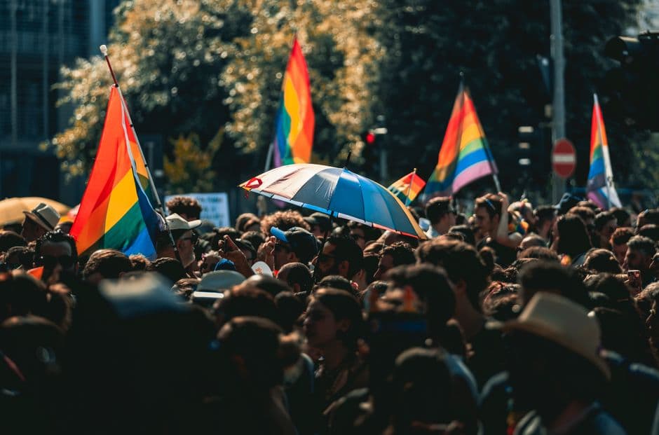 Grupo diverso celebrando con banderas arcoíris y otras, en la sala de chat de Chueca Euskadi