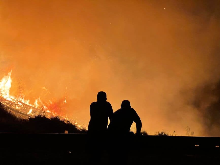 Personas de pie junto a un incendio forestal con llamas intensas