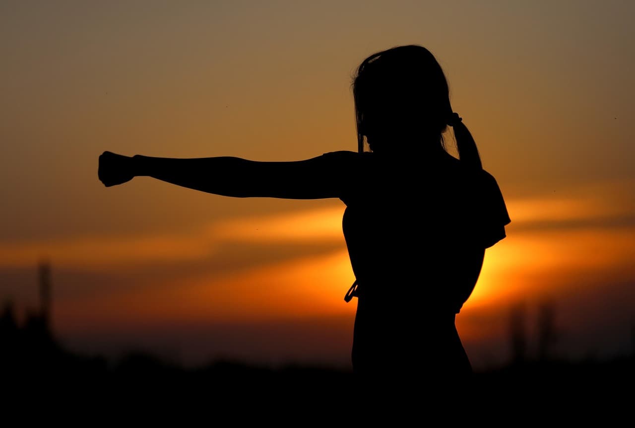 Dos personas practicando kárate al atardecer