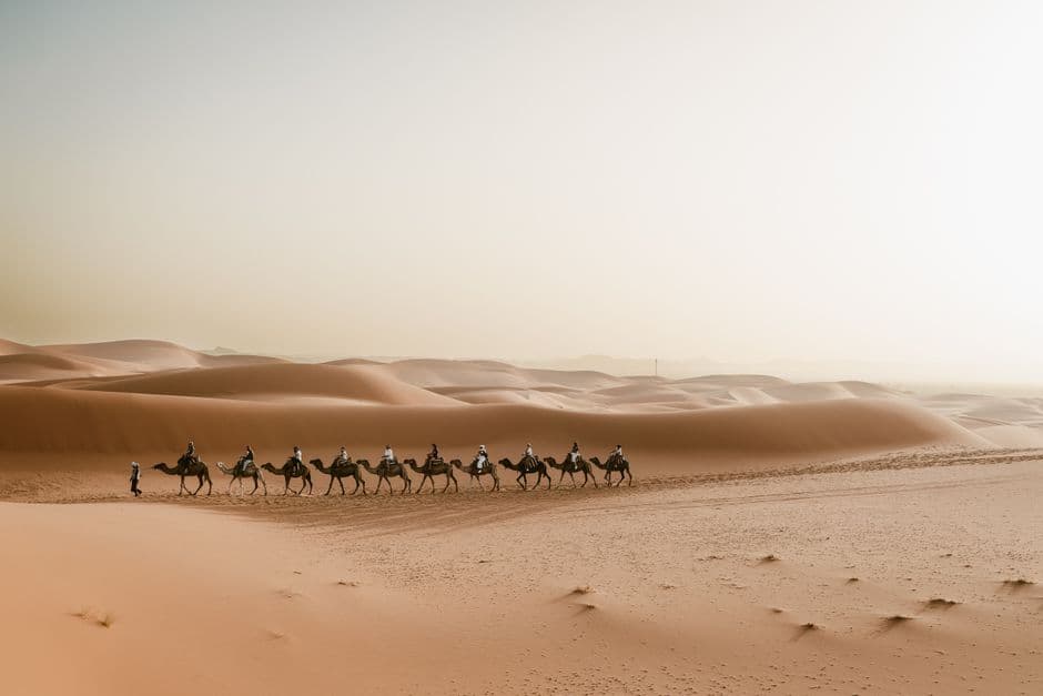 Caravana de camellos cruzando dunas doradas bajo el sol, en la sala de chat de Marruecos