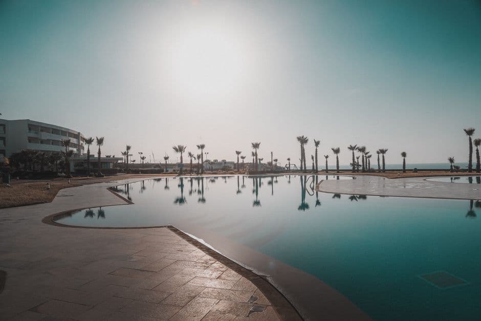 Piscina rodeada de palmeras bajo sol brillante, en la sala de chat de Larache