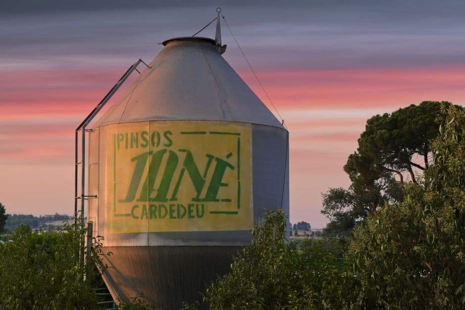 Silo blanco y amarillo junto a árboles verdes, en el chat de Montornès del Vallès