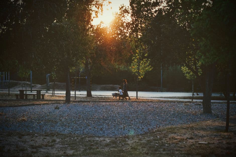 Gente paseando en un parque durante el atardecer, en la sala de chat de Llinars del Vallès