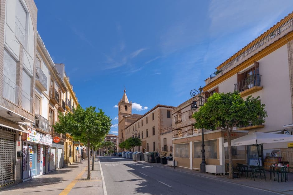 Calzada con casas blancas bajo sol, en la sala de chat de Fuente Álamo de Murcia