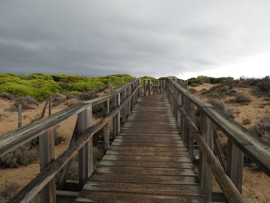 Pasarela de madera sobre la arena de la playa, en el chat de Punta Umbría