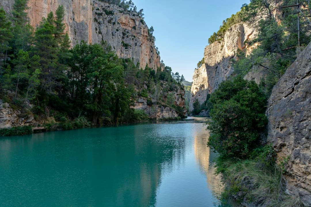 Un lago verde rodeado de árboles y montañas rocosas bajo un cielo azul, en el chat de La Puebla del Río