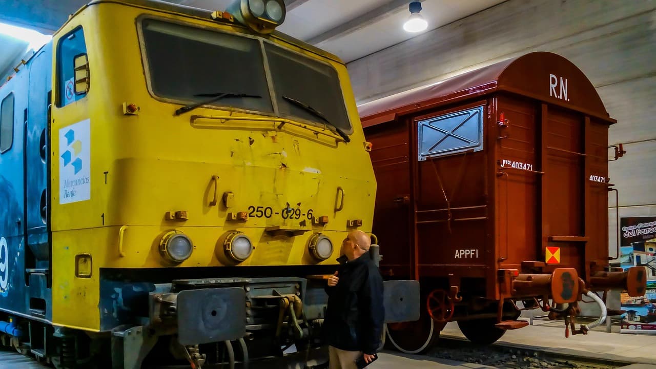 Tren de carga sobre vía férrea con paisaje rural, en la sala de chat de Mora