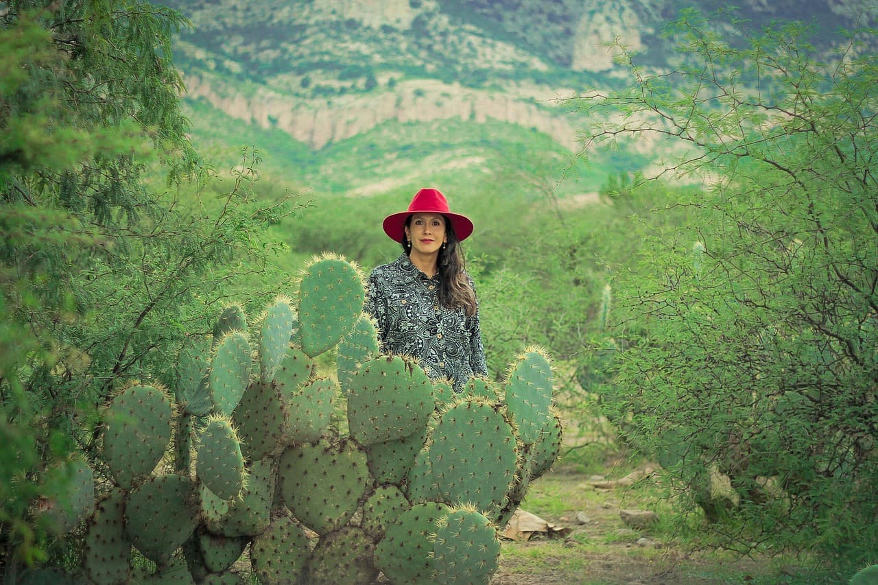 Mujer posando junto a cactus y plantas suculentas, en el chat de San Luis