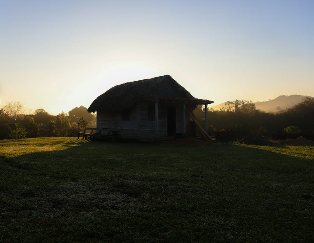 Pequeña cabaña sobre un campo de verde intenso, en el chat de Pinar del Río