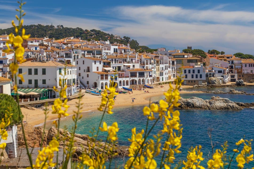 Casas amarillas y blancas junto al agua en un día soleado, en el chat de Les Borges Blanques