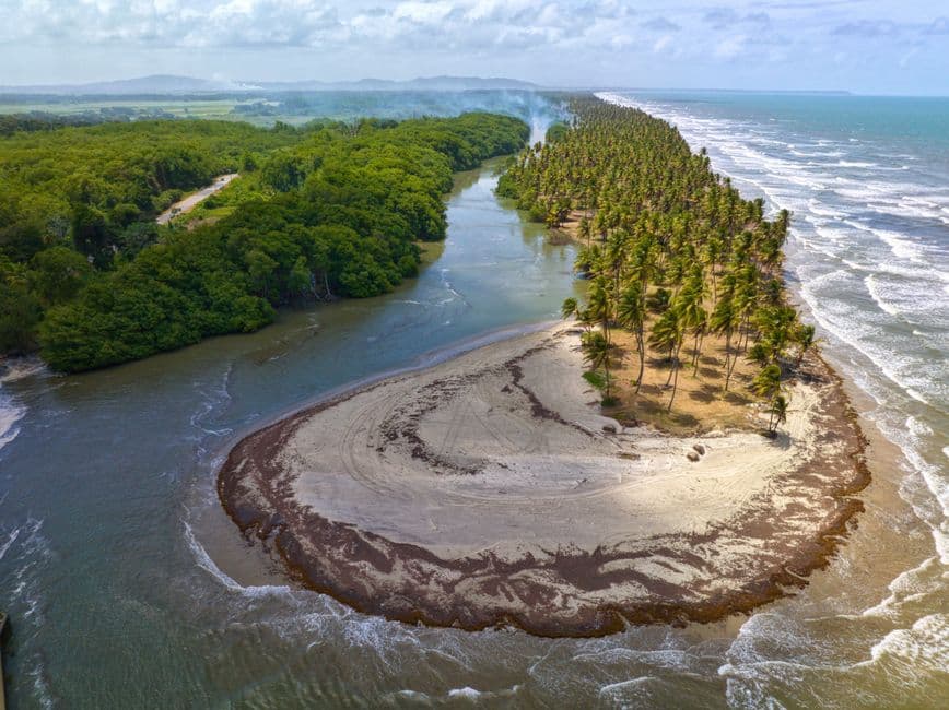 Curva del río entre bosque y península de tierra, en el chat de Río Claro