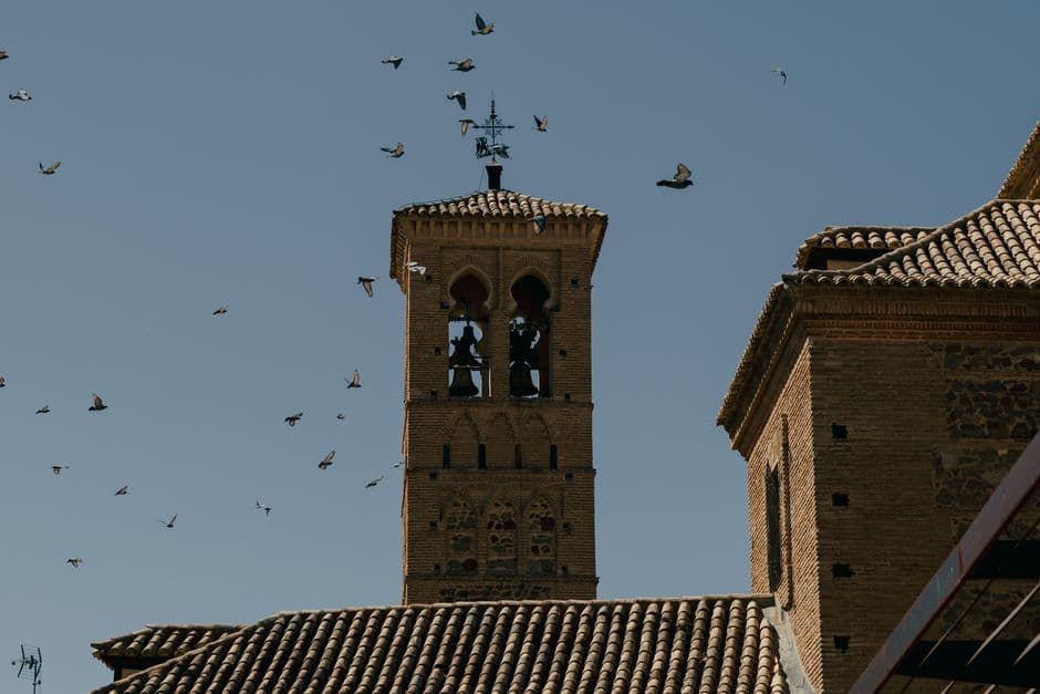 Campanario histórico con pájaros sobrevolando, en la sala de chat de Tíjola