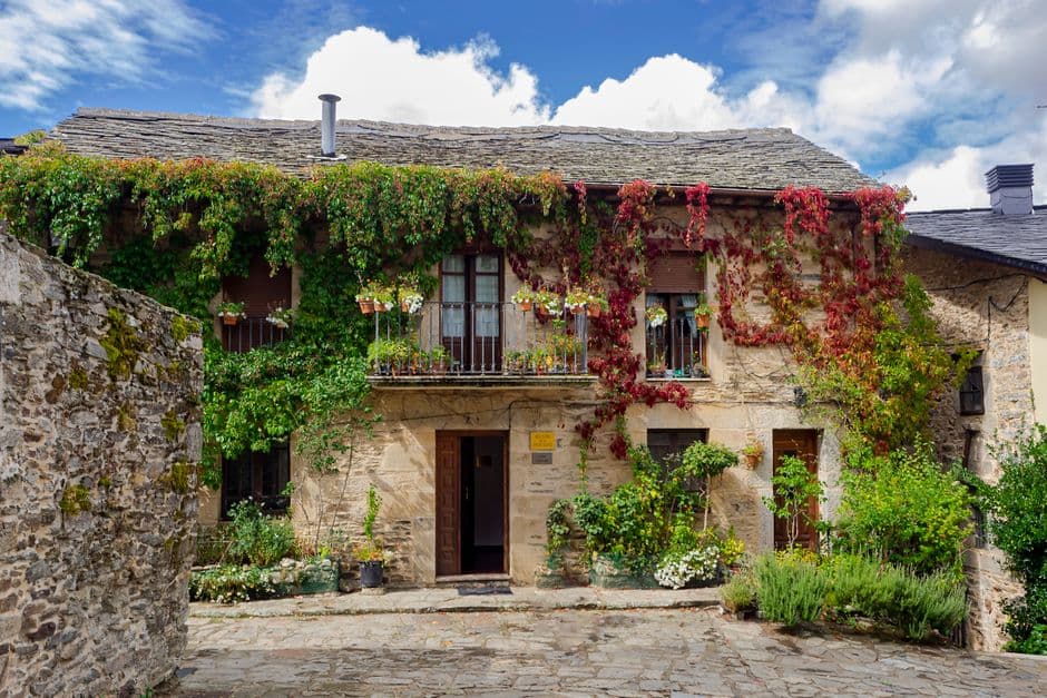 Casa de piedra antigua cubierta de enredaderas y macetas, en el chat de Puebla de Guzmán