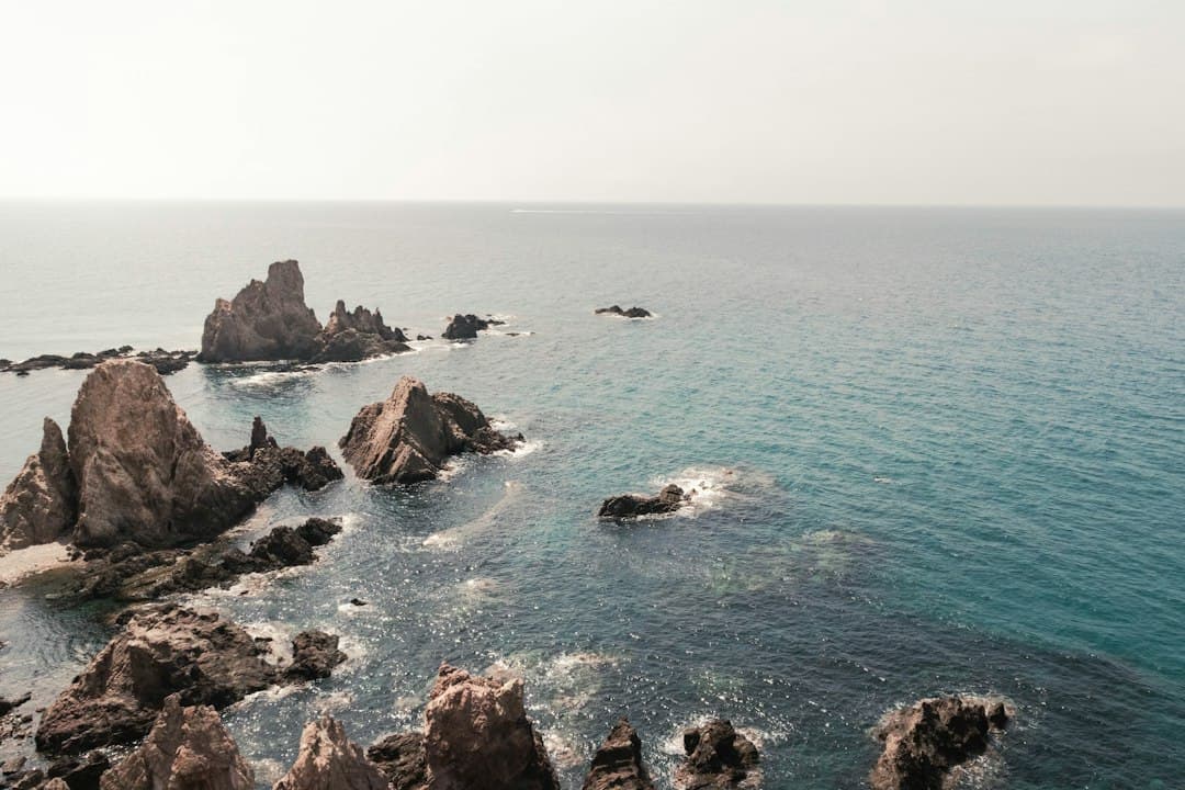 Agua serena con rocas centrales sobre arena, en la sala de chat de Balanegra