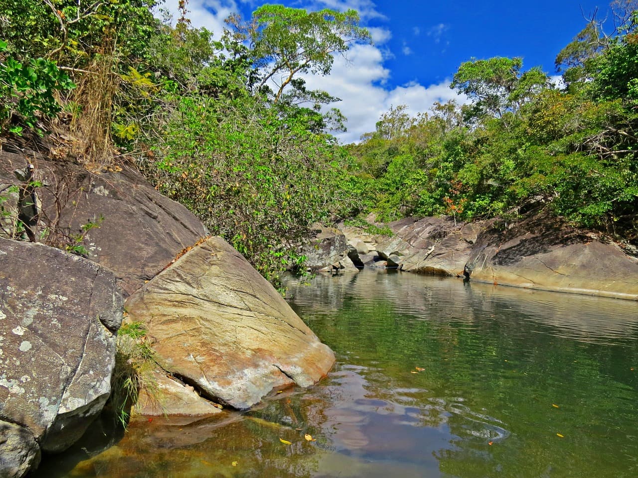 Arroyo con rocas, piedras y plantas en la orilla, en el chat de Jataí