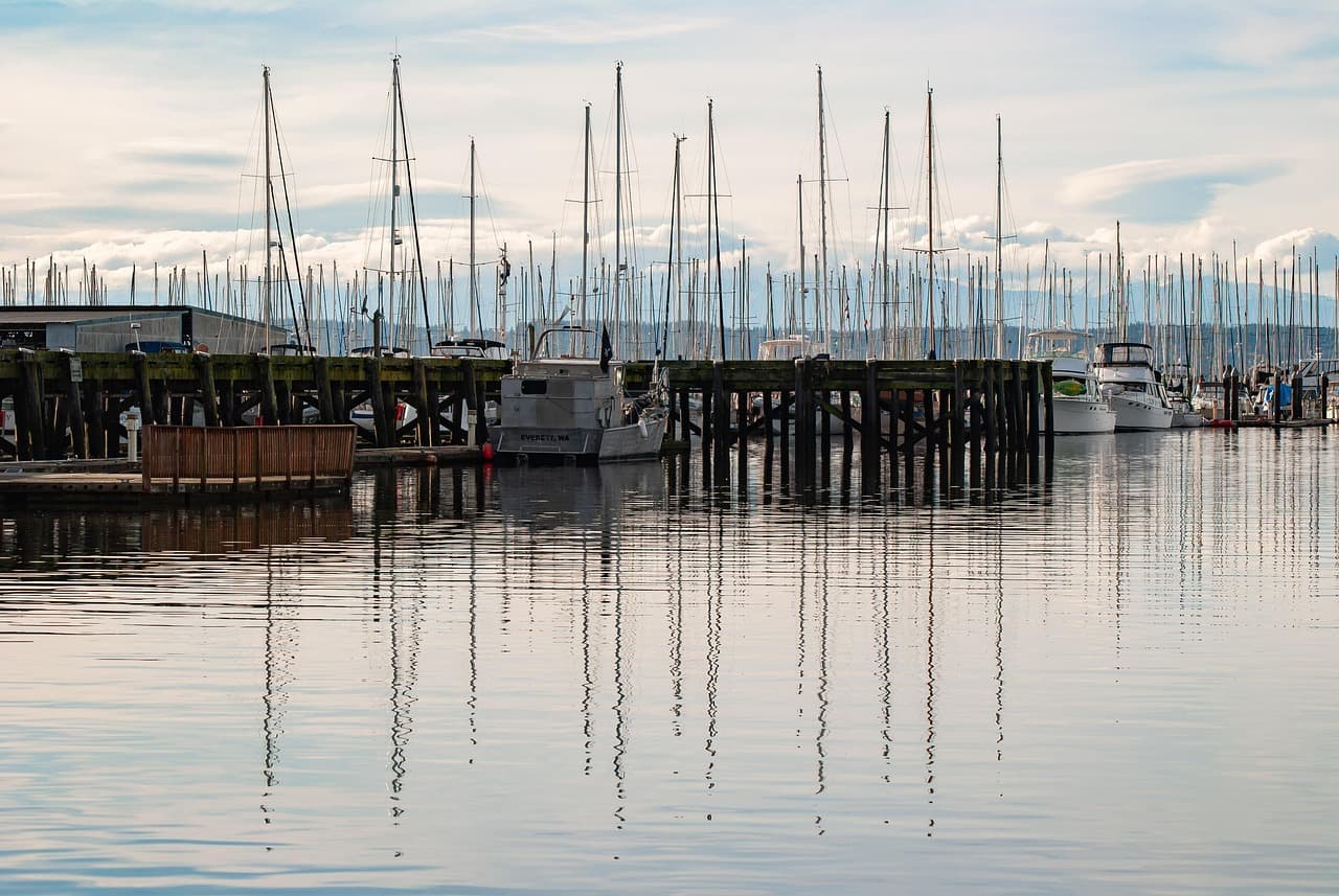 Veleros amarrados en un puerto tranquilo con muelles y agua azul, en el chat de Everett