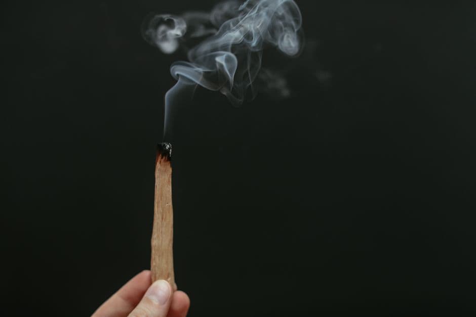 Mano sosteniendo una vara de palo santo encendida, en el chat de Palo Negro