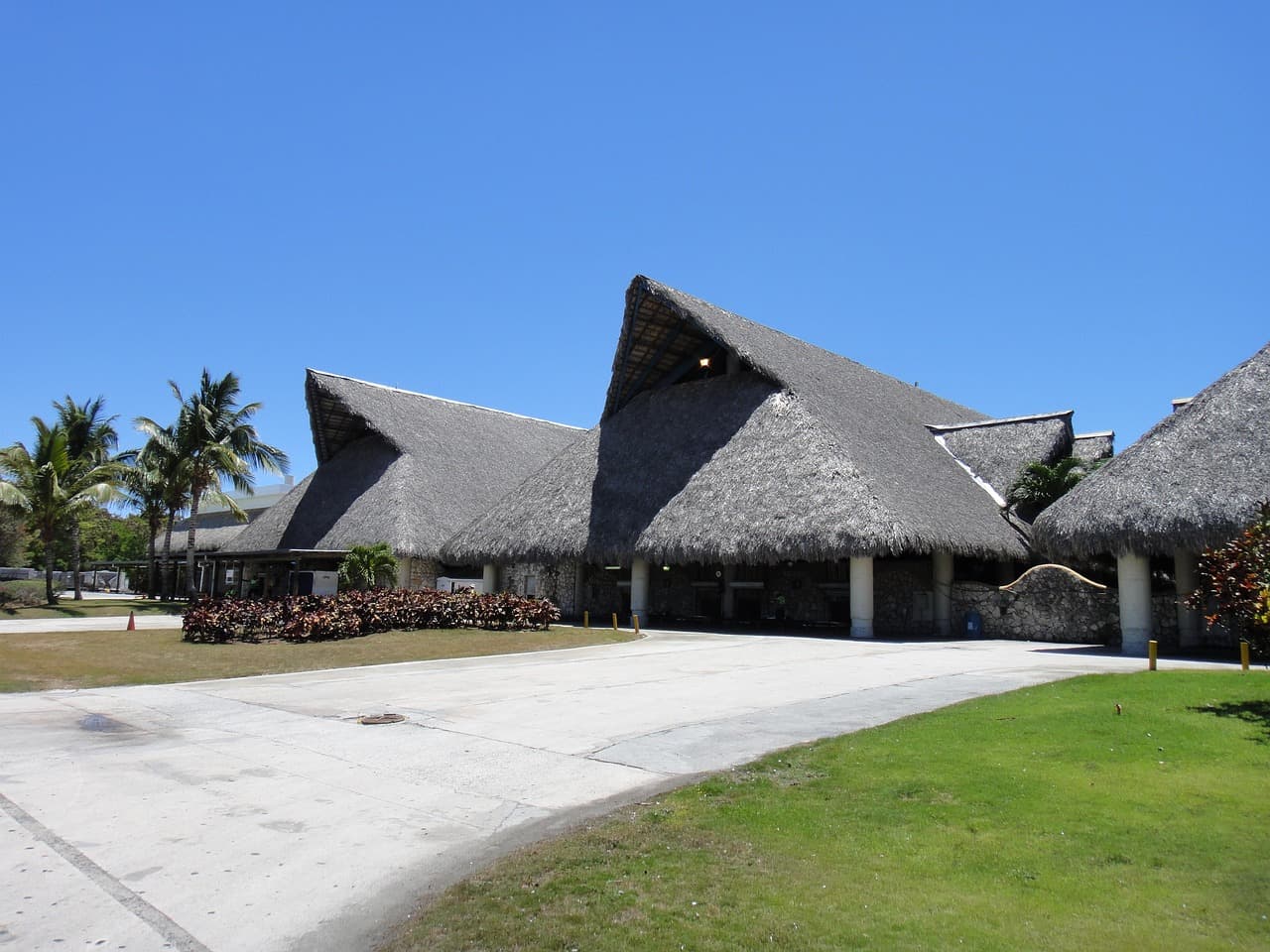 Aeropuerto con palmeras y edificios bajos, en el chat de Punta Cana