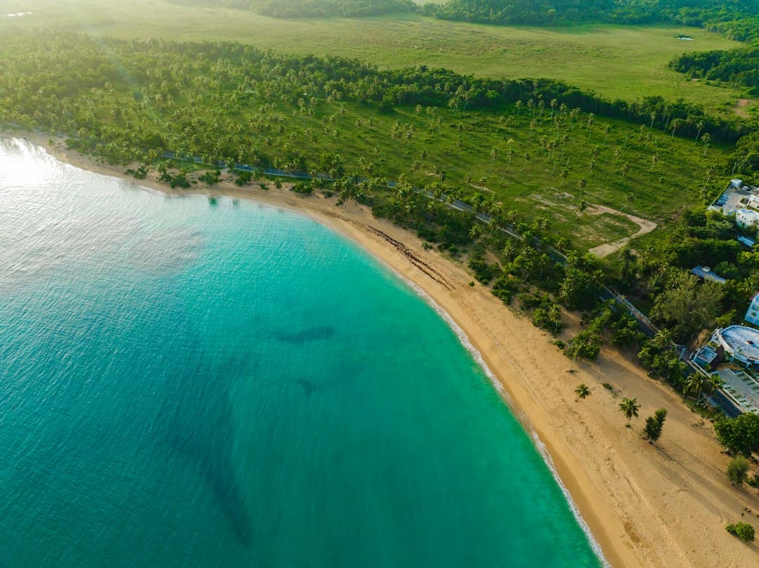 Vista aérea de una playa y un complejo turístico, en el chat de Samaná