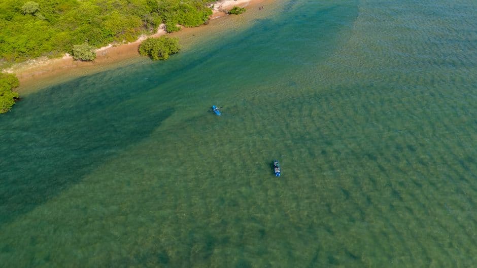 Vista aérea de turistas remando en el mar, en el chat de Bahía Honda