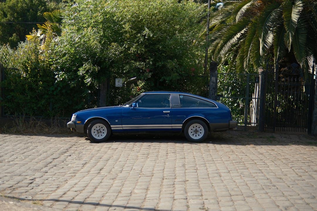 Coche azul aparcado en una calle empedrada de ladrillo, en el chat de Lota