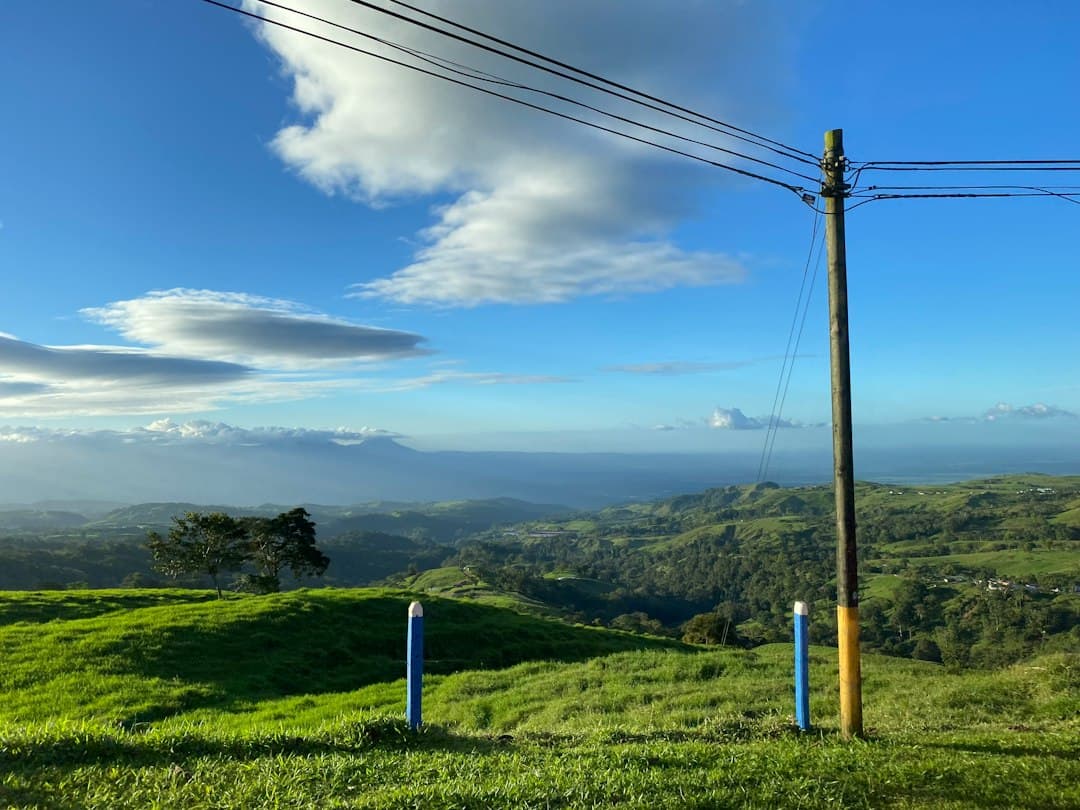 Un poste de teléfono en lo alto de una colina verde y frondosa, en el chat de Santa Bárbara