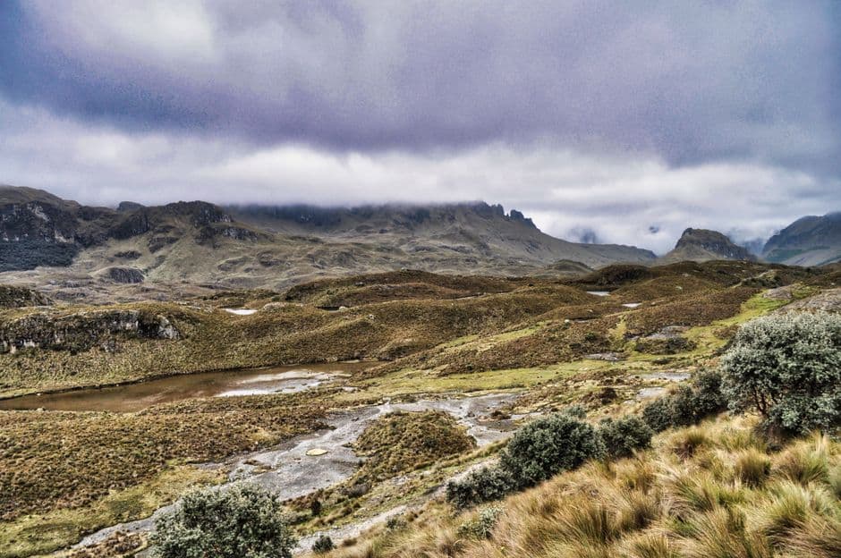 Campo de hierba verde y montaña bajo nubes blancas, en el chat de Babahoyo