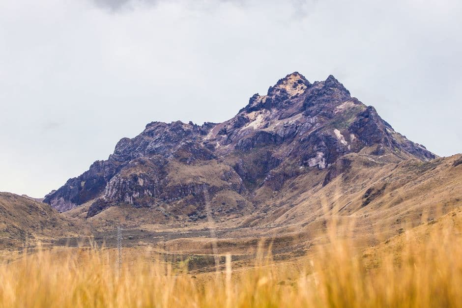 Campo de hierba seca junto a una montaña bajo un cielo blanco, en el chat de Muisne
