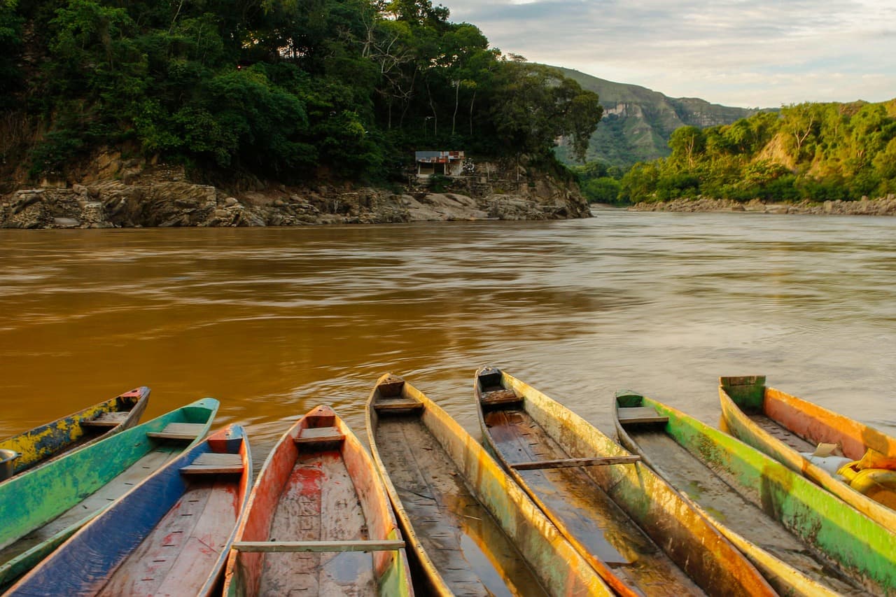Canoas y barcas de pesca en un río, en el chat de Magdalena