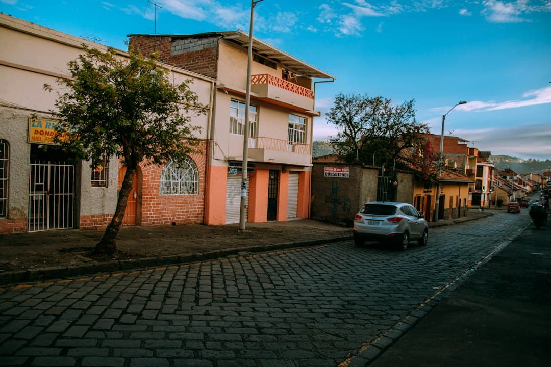 Coche blanco aparcado frente a un edificio marrón, en el chat de El Guabo