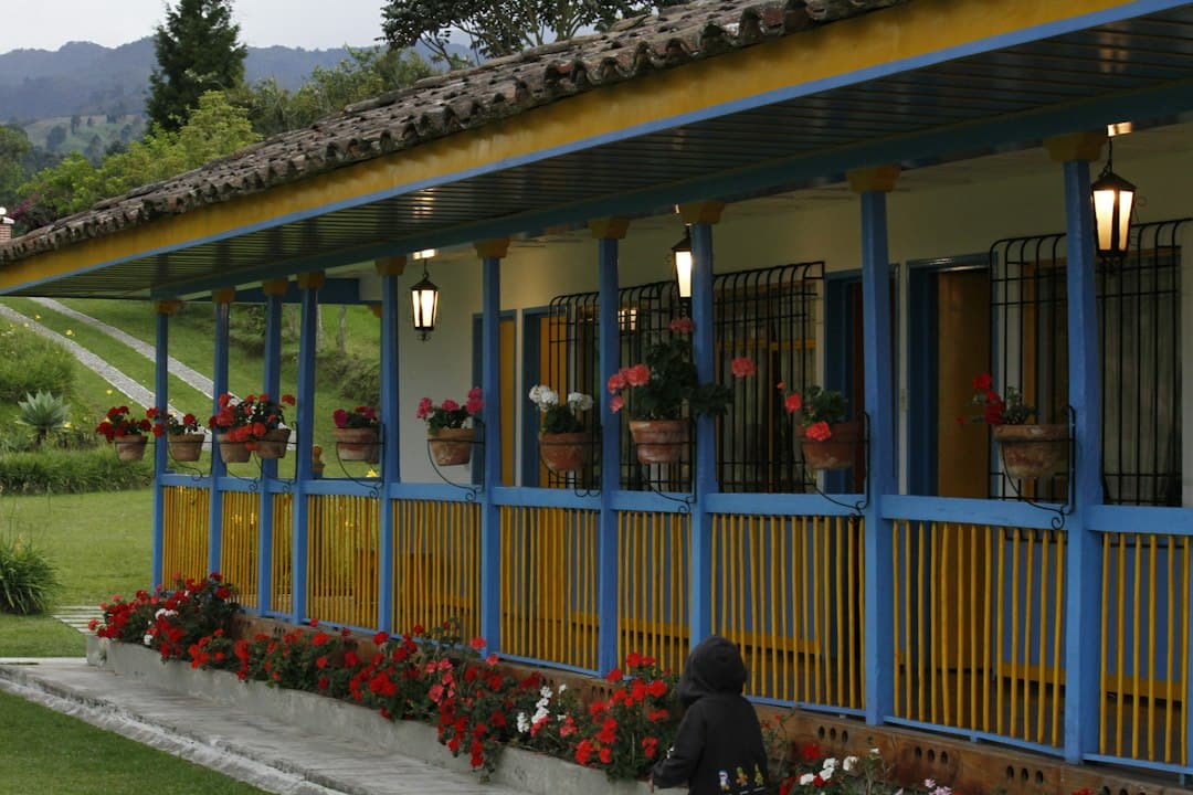 Casa colorida con porche azul y amarillo y flores rojas, en el chat de Luruaco