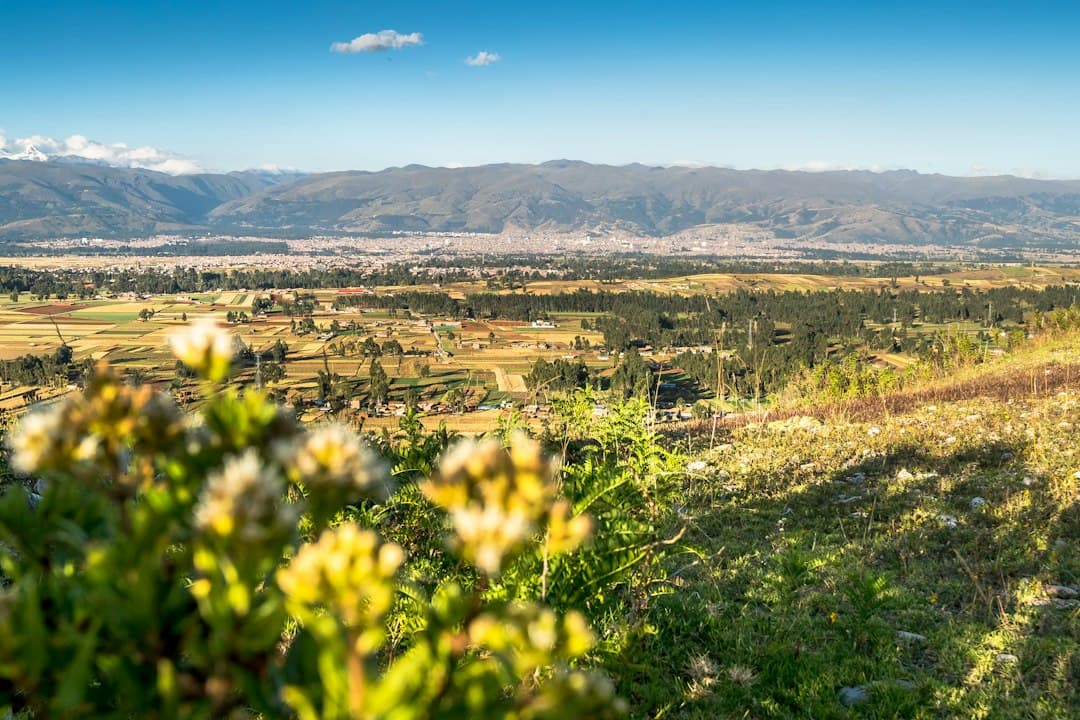 Colinas soleadas con montañas lejanas y un pueblo, en el chat de Tabaconas