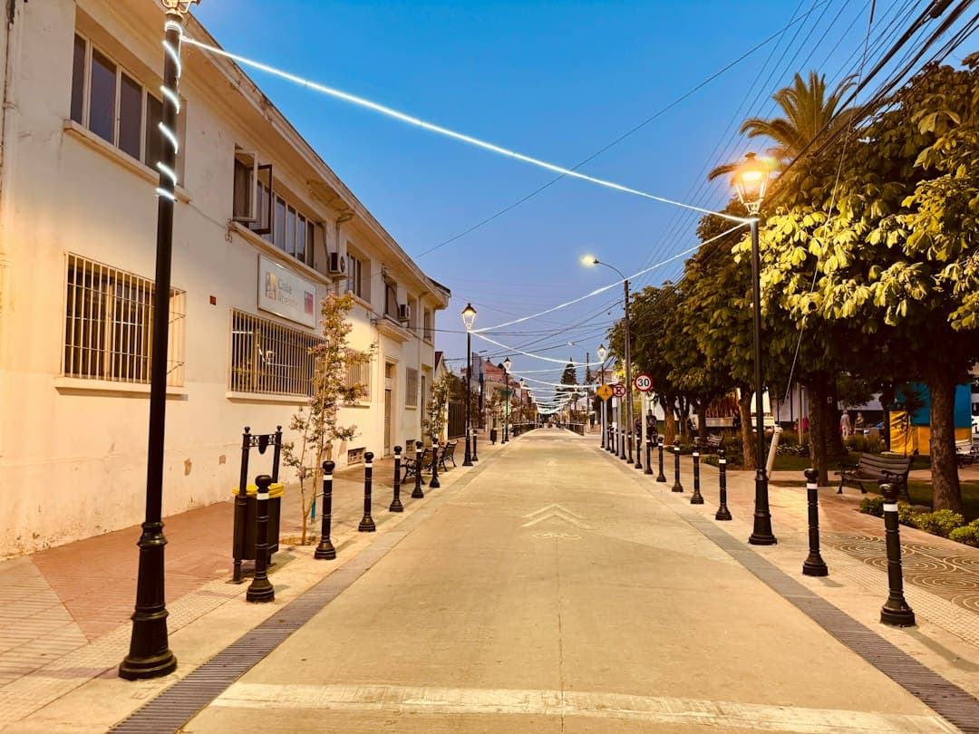 Calle peatonal adornada con guirnaldas de luces, en el chat de Pichidegua