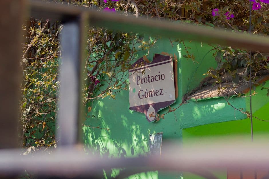 Letrero rústico de una calle sobre una pared verde, en el chat de Gómez Farías