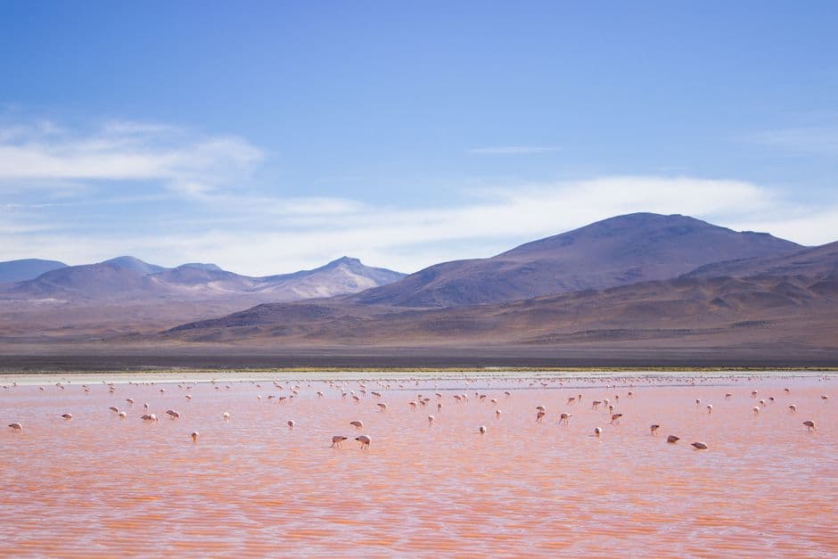 Gente en un lago cerca de las montañas, en el chat de Puna