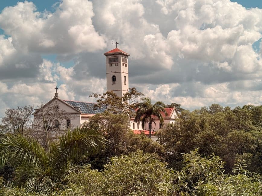 Iglesia rodeada de vegetación frondosa, en el chat de Hohenau