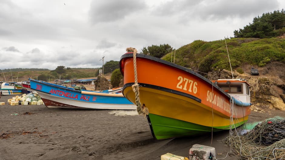 Barcas de pesca de colores en una playa de Chile, en el chat de Mejillones