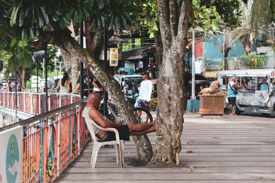 Hombre dormido en una silla bajo un árbol, en la sala de chat de San Pablo