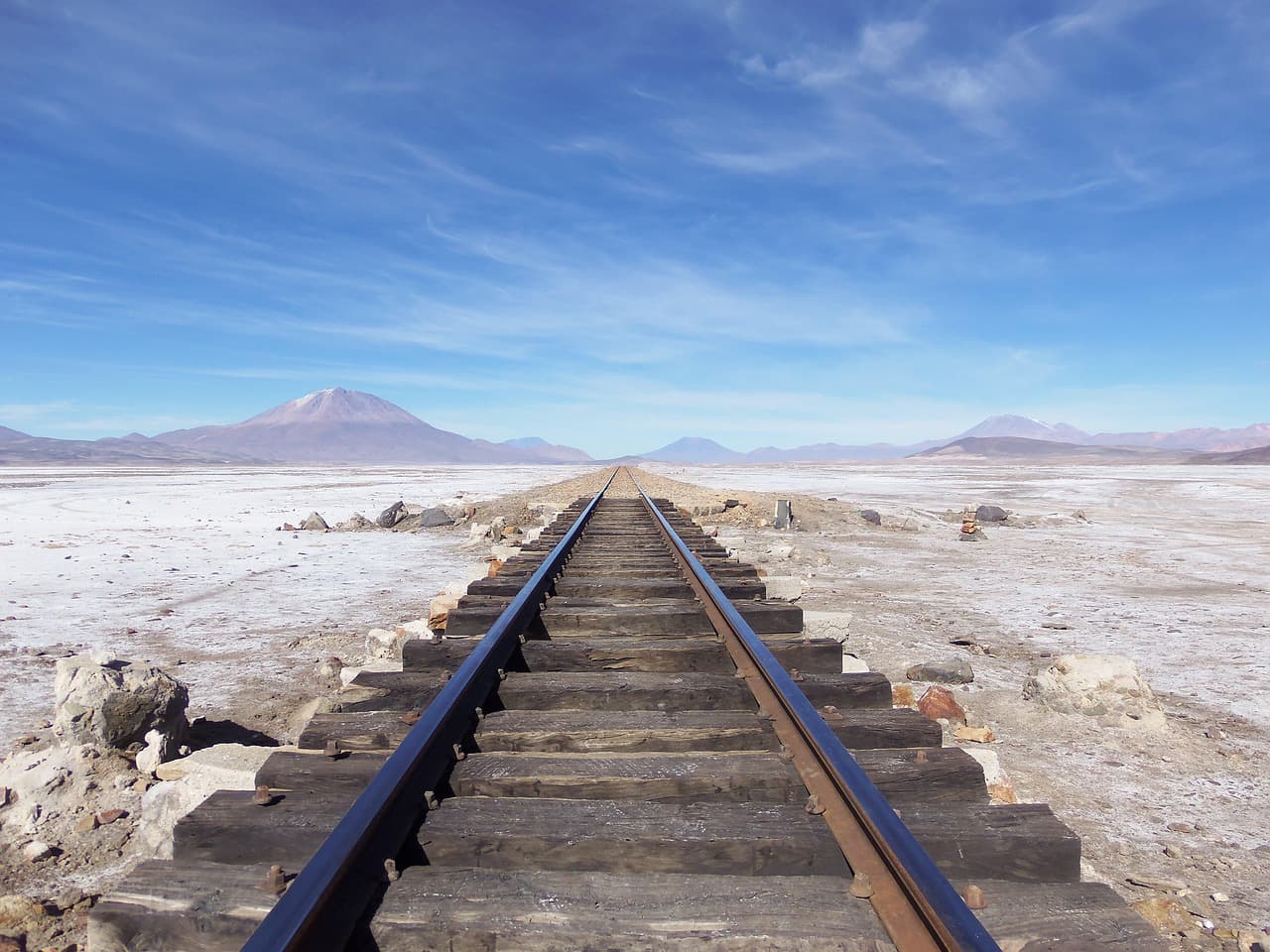 Vía de tren que cruza un paisaje desértico, en el chat de Yocalla