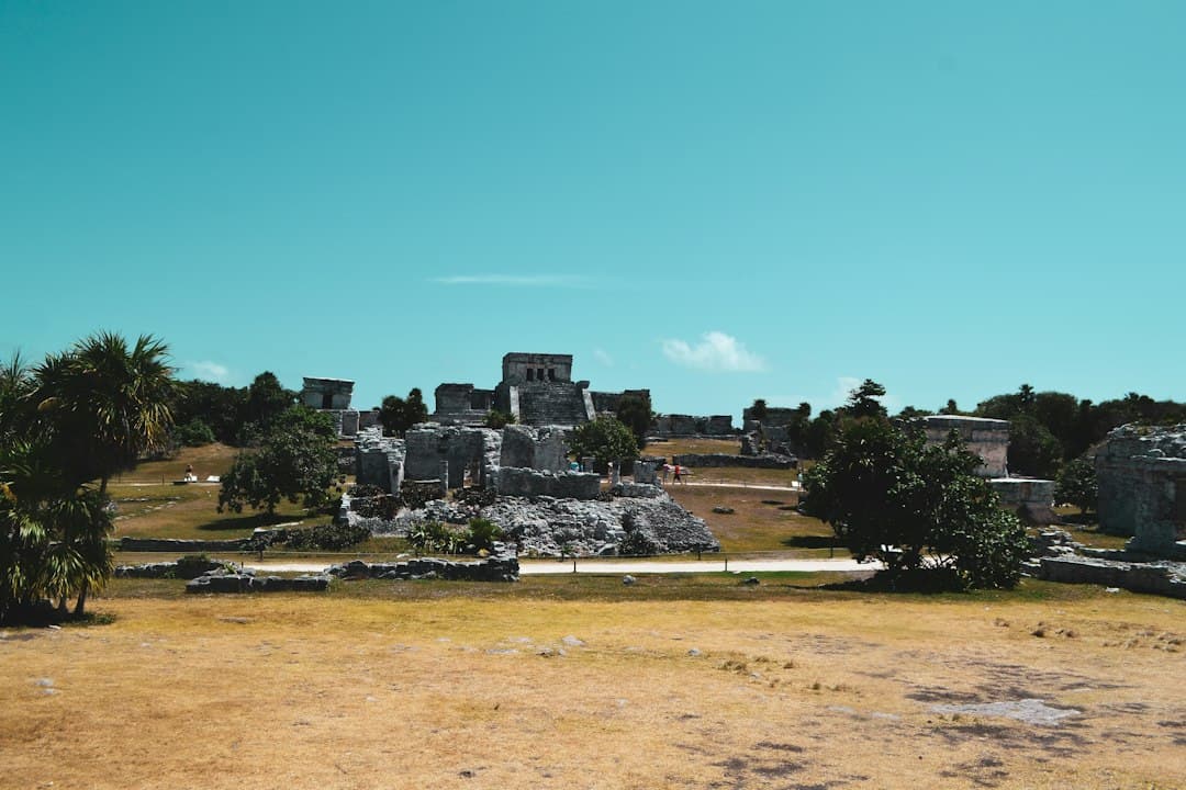 Grupo de ruinas sobre un campo de hierba seca, en el chat de Tixkokob