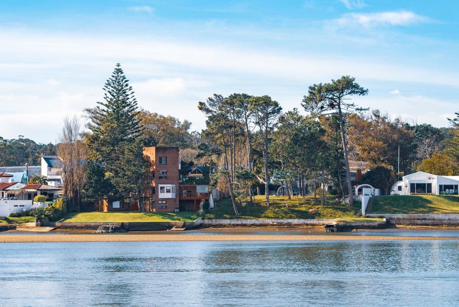 Casas que asoman detrás del río, en el chat de Nueva Palmira