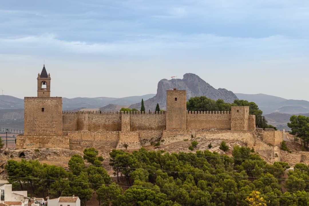 Castillo medieval con torre del reloj coronando su fachada, en la sala de chat de Antequera