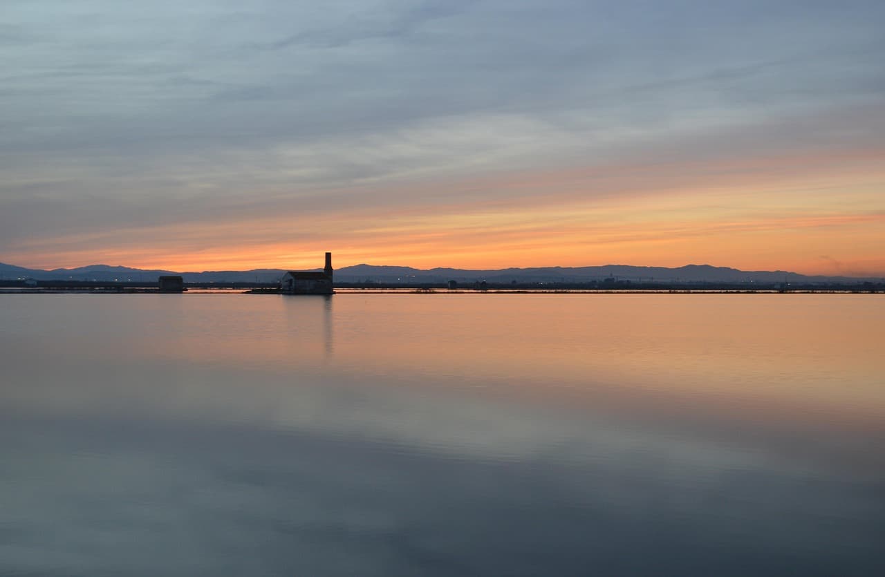 Puesta de sol sobre un lago de arroz en Valencia, en la sala de chat de Paiporta