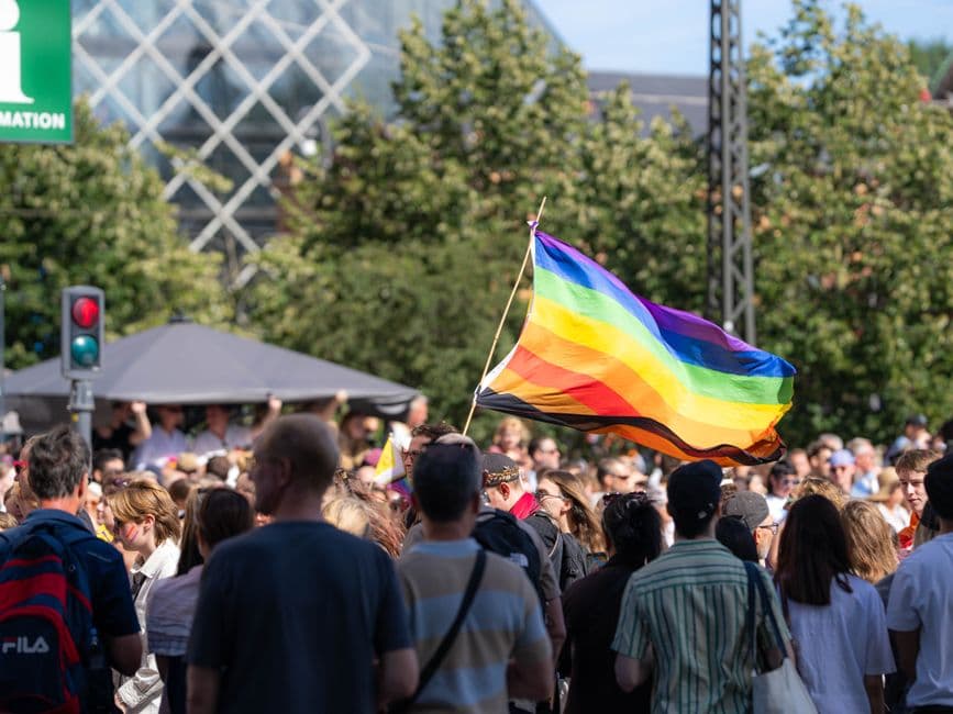 Multitud celebra desfile orgullo con bandera arcoíris, en la sala de chat de Chueca Gran Canaria