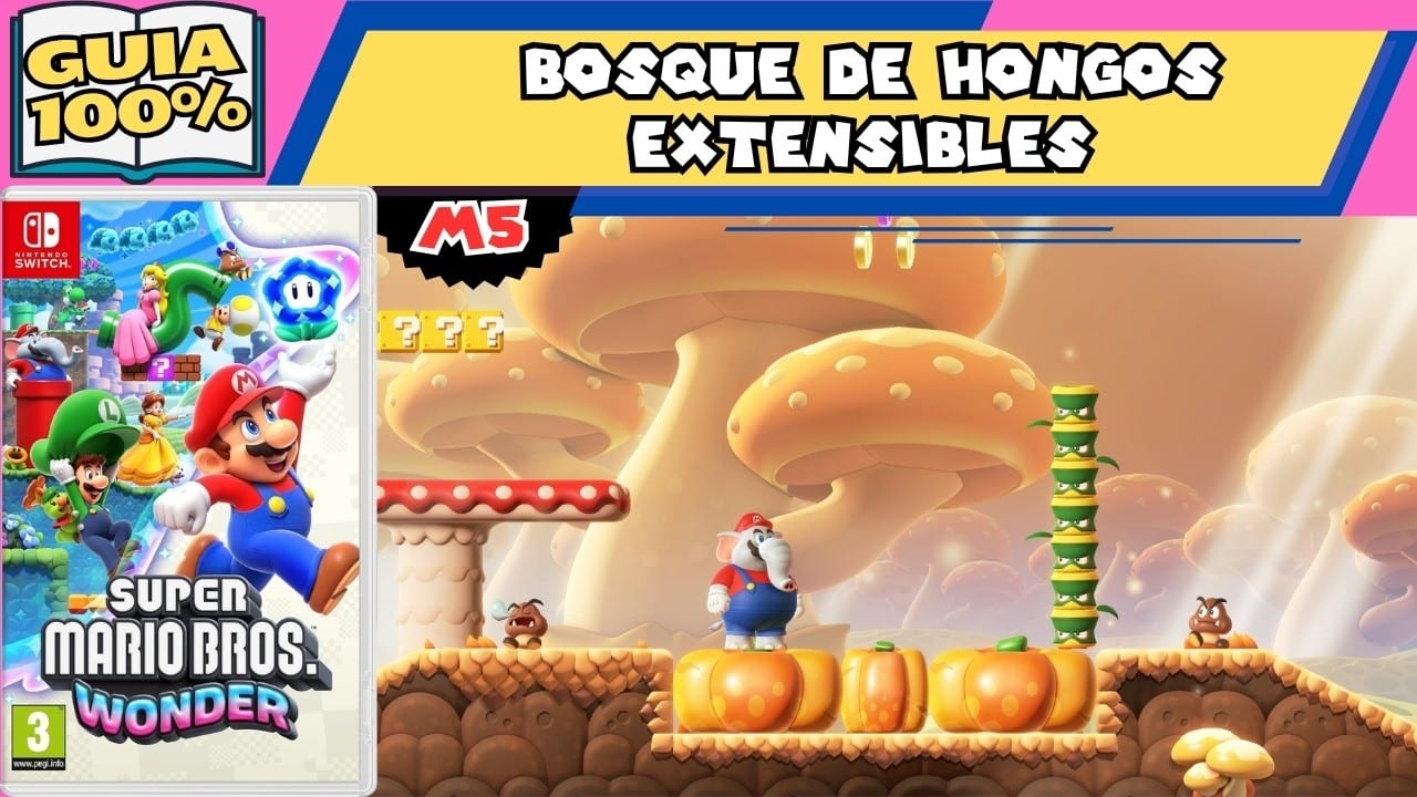 Miniatura del vídeo «🐘M5🏜️ Bosque de hongos extensibles (GUIA 100%) MARIO BROS WONDER»